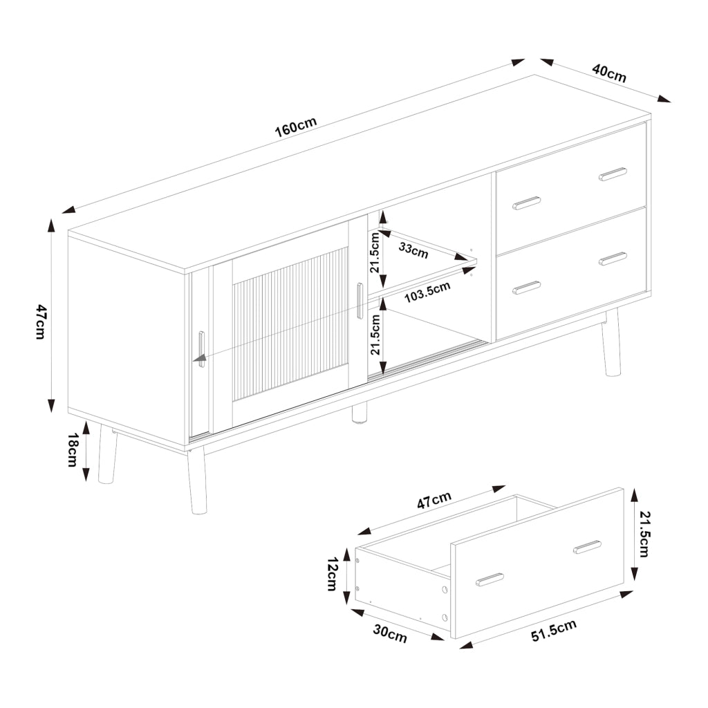 Mobile Porta TV Susa con Cassetti e Ante Scorrevoli in Vetro Scanalato 160x40x65 cm Grigio [en.casa]