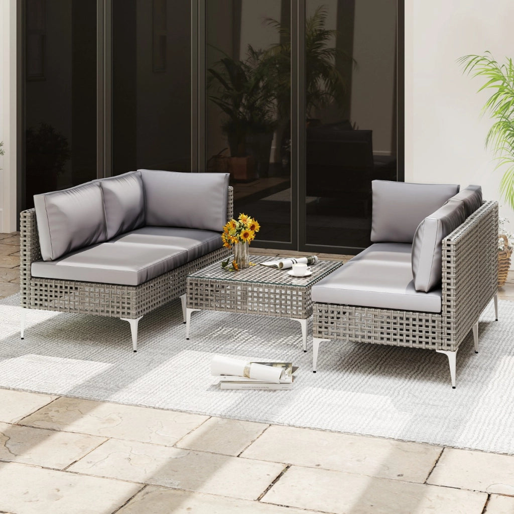 Sedie da giardino in rattan con tavolino da caff¨¨ in vetro temperato per cortile-Divano modulare in vimini con cuscini Grigio misto