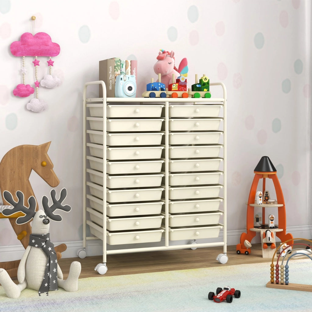 Carrello cassettiera multiuso e leggero con 20 cassetti, Contenitore con ruote per ufficio e casa Bianco