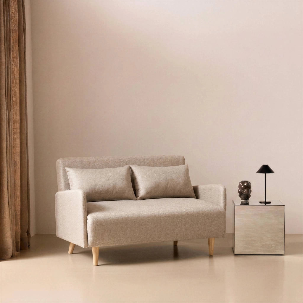Divano letto clic-clac in tessuto con gambe in legno, 2 posti, beige