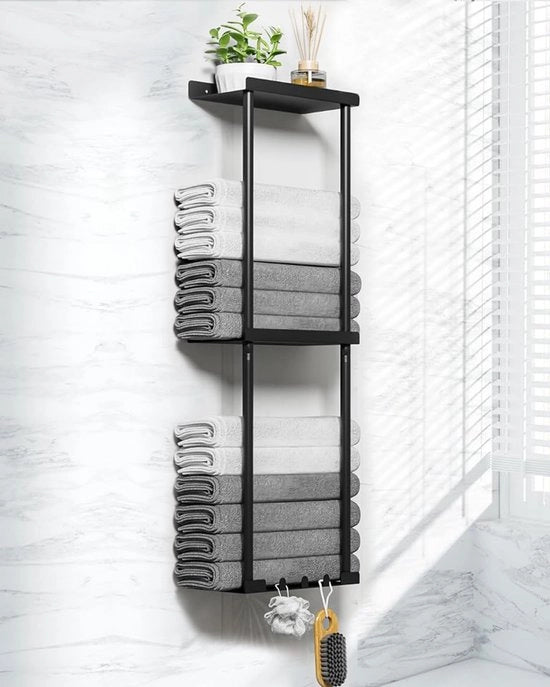 Supporto asciugamani senza perforazione, pannello asciugamani bagno, supporto asciugamani bagno con 3 ganci asciugamani, supporto asciugamani ospiti, pannello bagno senza perforazione, supporto asciugamani porta, spazievitore, nero