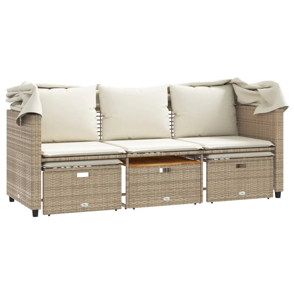 Divano Giardino 3 Posti Baldacchino e Sgabelli Beige Polyrattan 365455