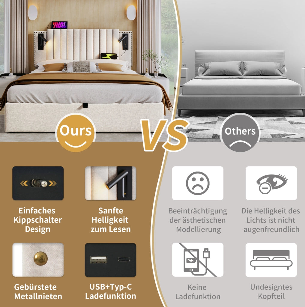 Letto imbottito 140x200 cm con contenitore; luce lettura e 2 USB + 2 Type-C; beige
