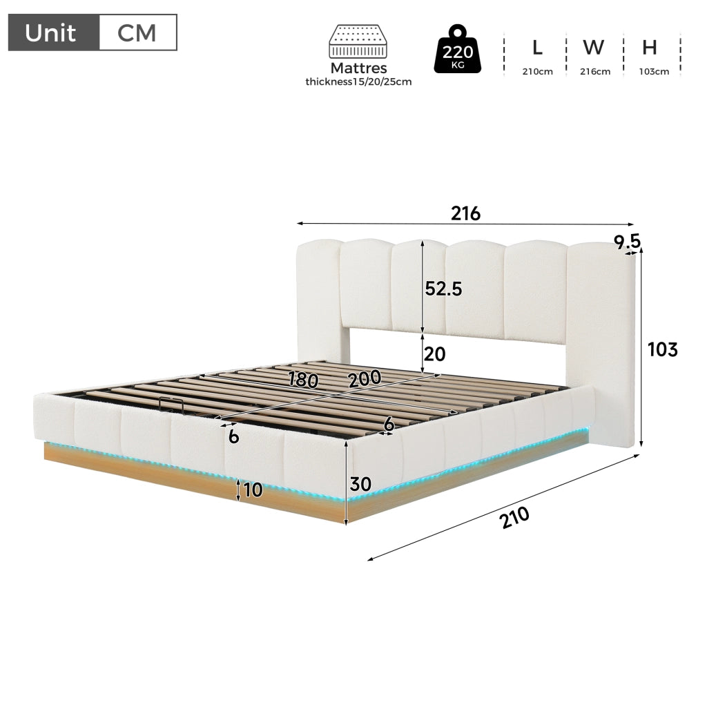 Letto capitonné con illuminazione LED e vano idraulico LEMONMAX; 180x200 cm; testiera imbottita; sommier a doghe; bianco