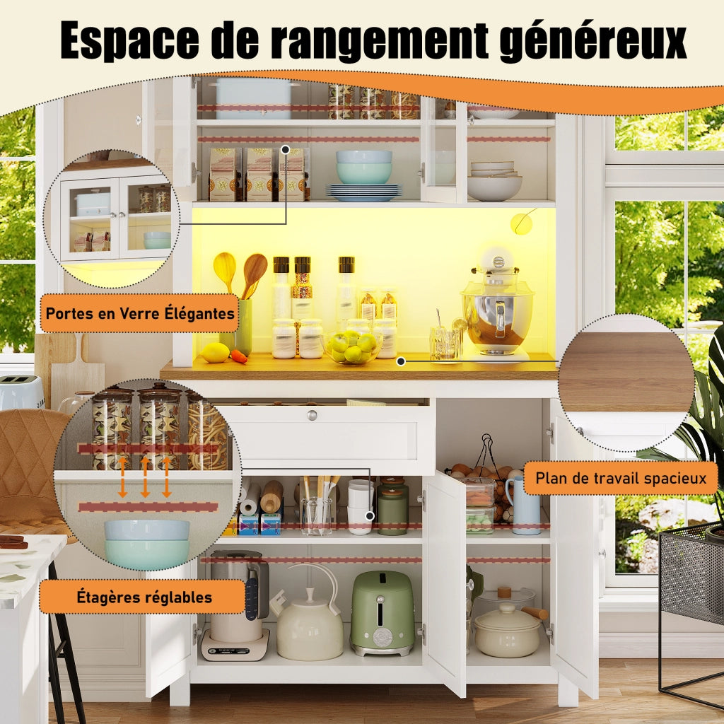 Credenza alta con ante scorrevoli e LED, ripiani regolabili, MDF bianco, per cucina e soggiorno, 104 × 40 × 180 cm