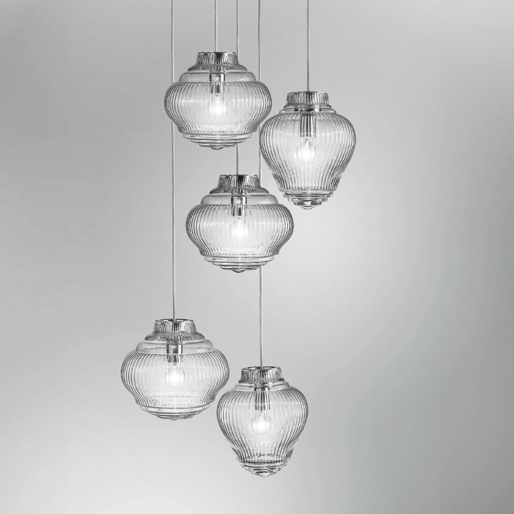 Bonnie Lampada a sospensione in vetro soffiato trasparente lavorazione rigadin, struttura metallo grigio, altezza 313 cm, attacco E27, ideale indoor