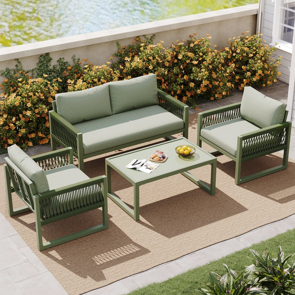 Set Lounge da Giardino 4 Pezzi in Corda con Tavolo in Vetro e Cuscini ¨C MINIMAL ¨C Verde