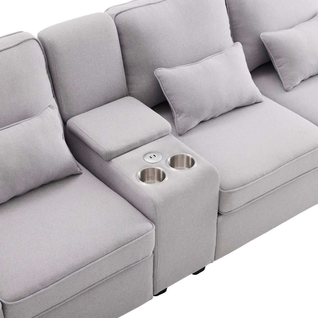 Divano Lineare 4 Posti con USB, Consolle, 2 Portabicchieri e Tasche Laterali, in Lino Grigio 290 × 83 × 88 cm