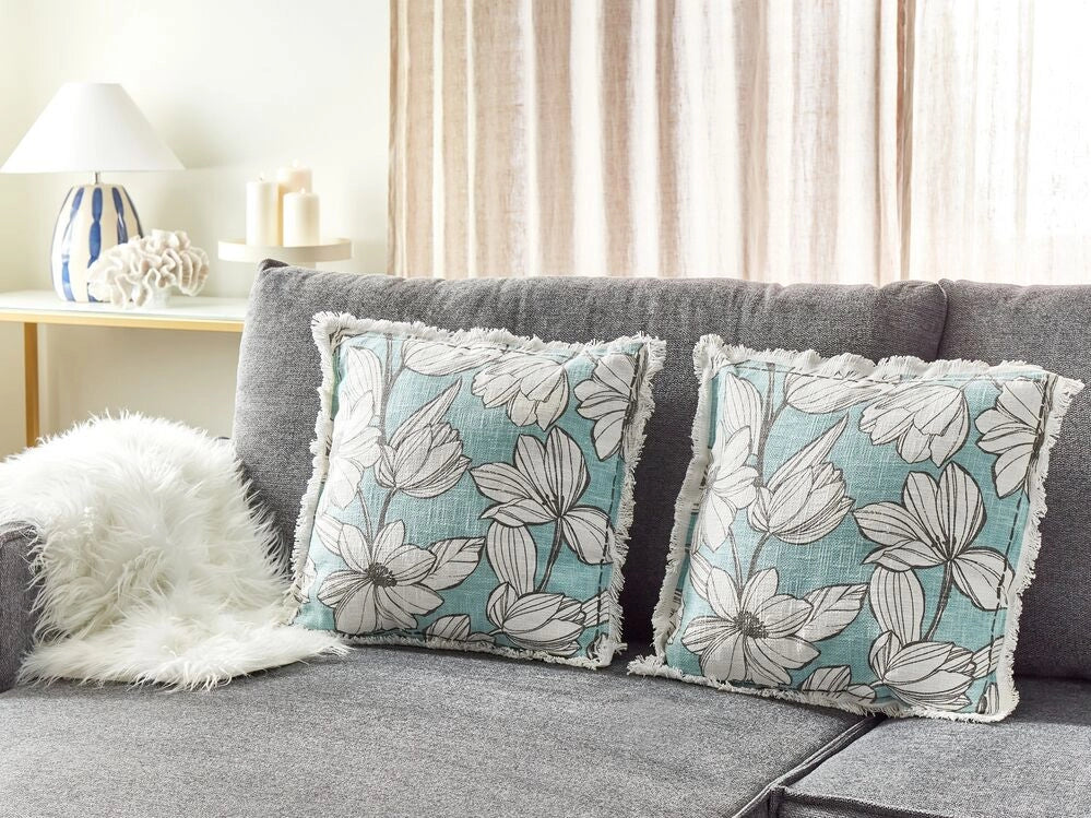 Set di 2 cuscini in cotone bianco e blu con motivo floreale e frange 45 x 45 cm con imbottitura stile boho