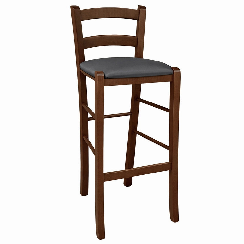 Sgabello in legno noce scuro h 67cm con seduta imbottita in similpelle antracite