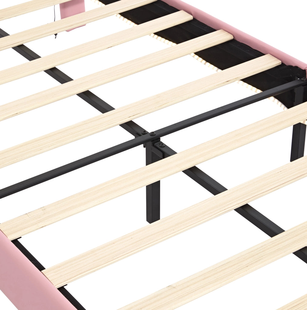 Letto singolo 90x200 cm con LED; testiera ondulata e corona; PU bianco e rosa