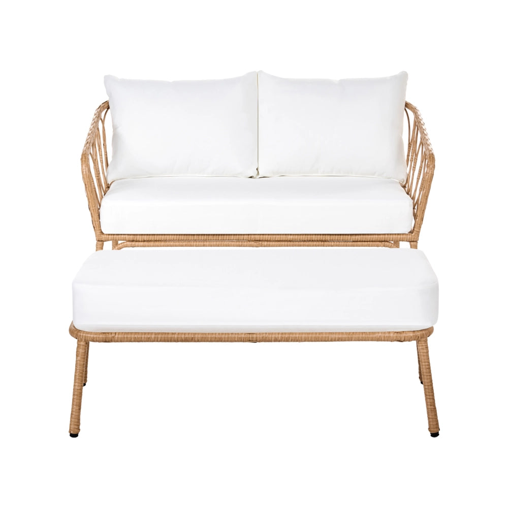 Divano da Giardino con Panca in Rattan PE Marrone Chiaro 2 Posti Struttura in Acciaio e Gambe in Metallo Cuscini Bianco Sporco Arredo da Esterno