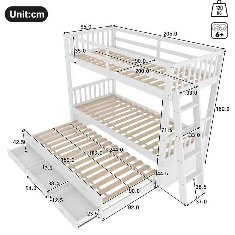 Letto a castello 90x200 cm con letto estraibile e 3 cassetti in pino e MDF bianco