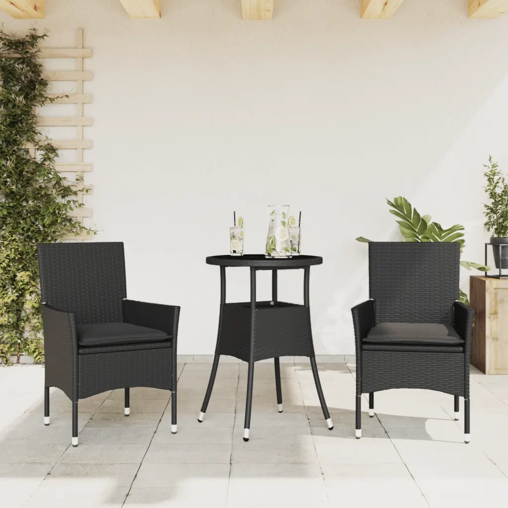 Set da Pranzo da Giardino 3 pz | Set Salotto da Giardino con Cuscini Polyrattan e Vetro