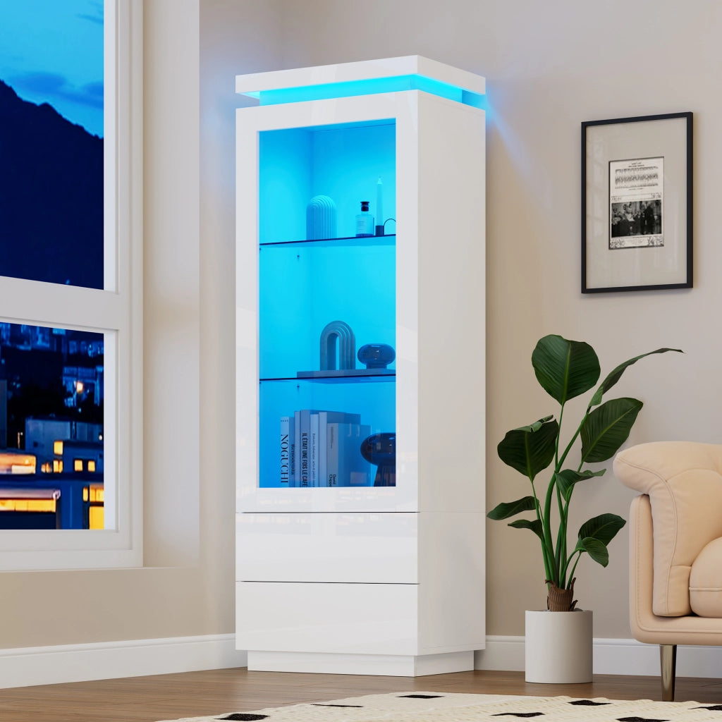 Vetrina con LED, 2 cassetti e 1 anta in acrilico, ripiani in vetro temperato, per soggiorno, bianca, 60 × 40 × 171 cm