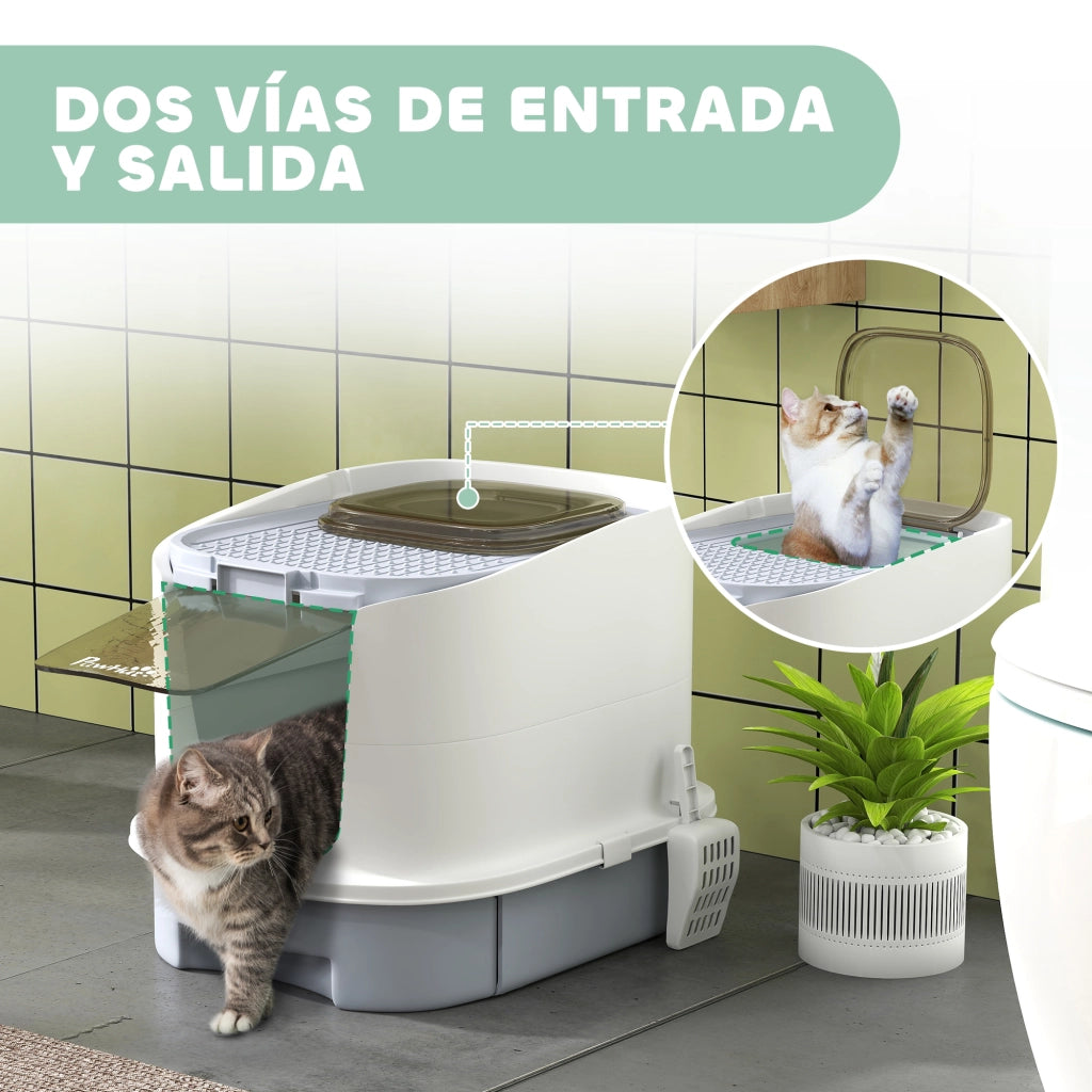 Arenero per Gatti con Bandeja Estraibile e Pala ¨C zephmum ¨C 40.5x52.5x42.5 cm Bianco Grigio