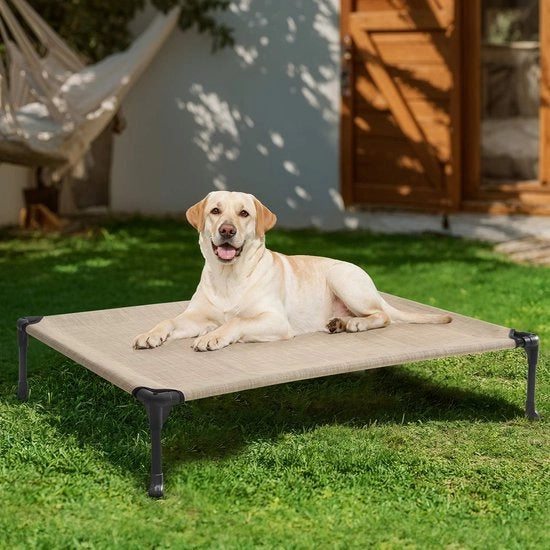 Letto per cani all'aperto, Elevato per cani all'aperto, per cani grandi, realizzato con rete tessile lavabile e resistente per all'interno ed all'esterno, beige, L 107 x B 76 x H 18 cm