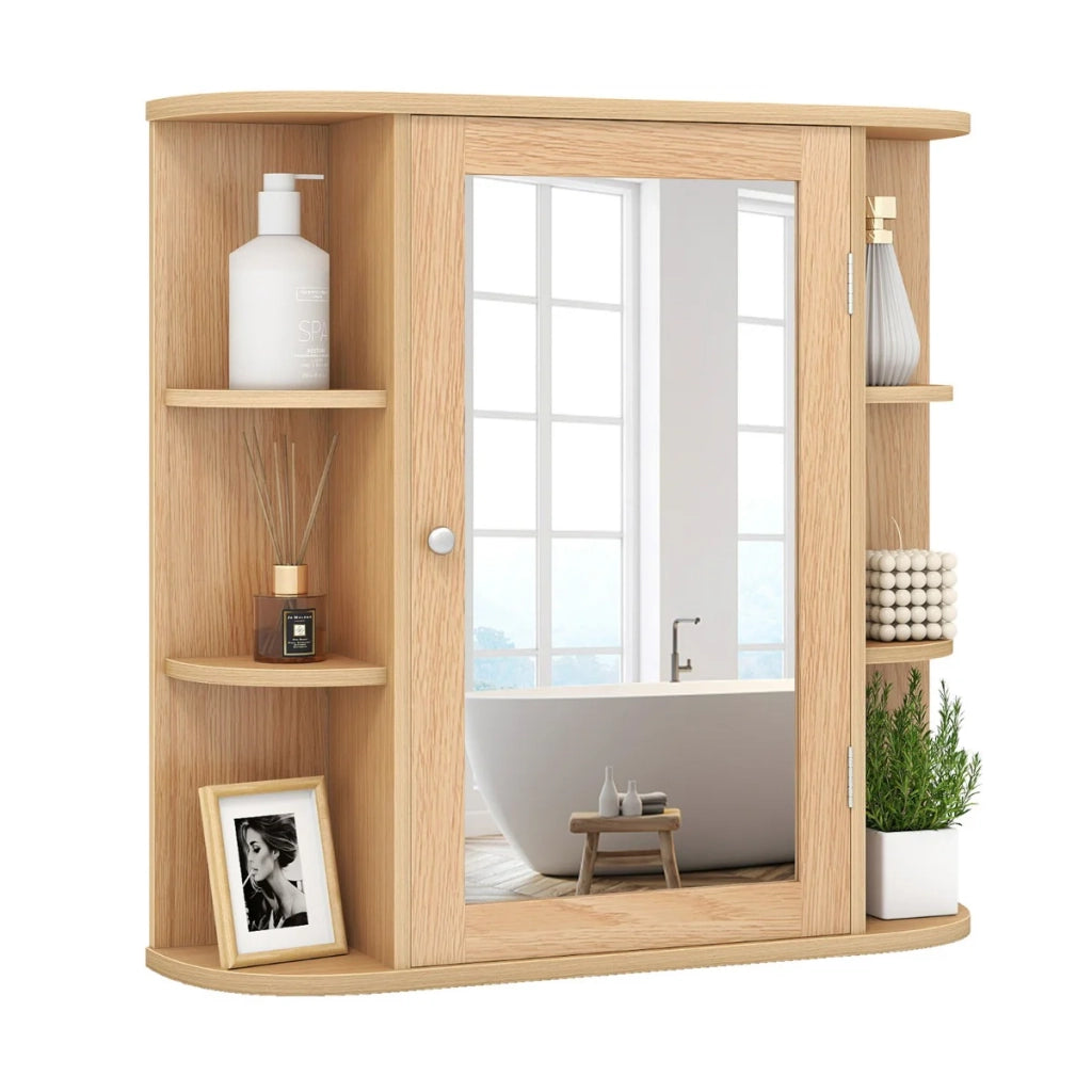 Mobiletto da bagno sospeso con specchio e 6 ripiani 66 x 17 x 64 cm design moderno in MDF naturale 20_0017496