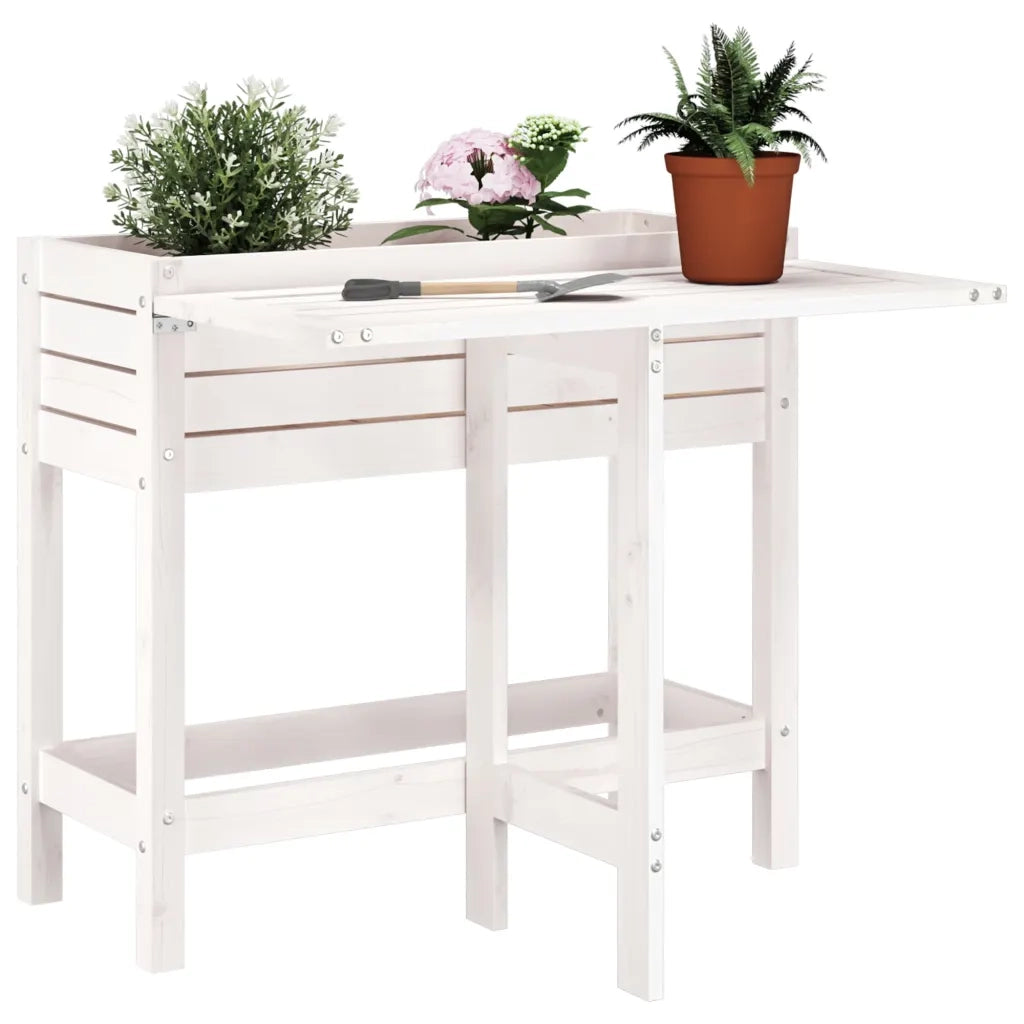 Fioriera | Cassetta per fiori | Vaso Giardino Piano Pieghevole Bianco Legno Massello Pino