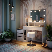 Tavolo da toeletta Anja, Bianco, 139.8 cm con illuminazione a LED e sgabello, Cassetti per organizzare nel disordine
