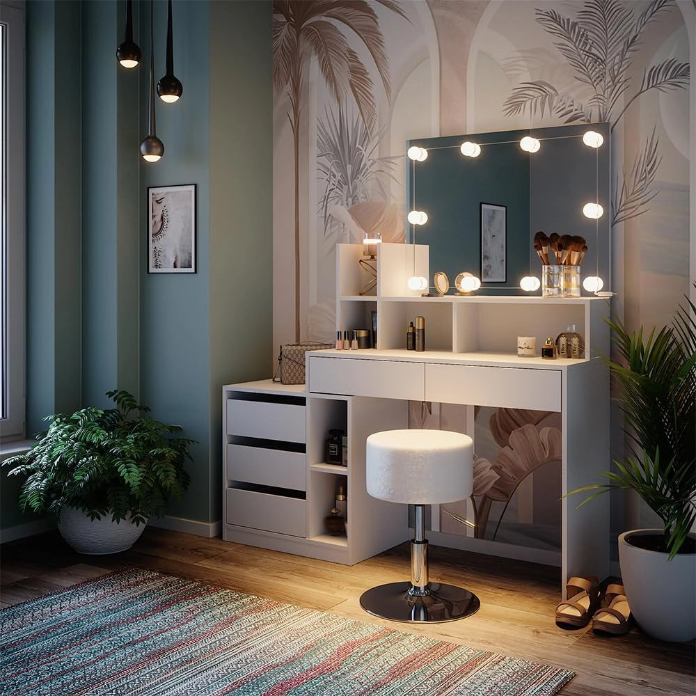Tavolo da toeletta Anja, Bianco, 139.8 cm con illuminazione a LED e sgabello, Cassetti per organizzare nel disordine