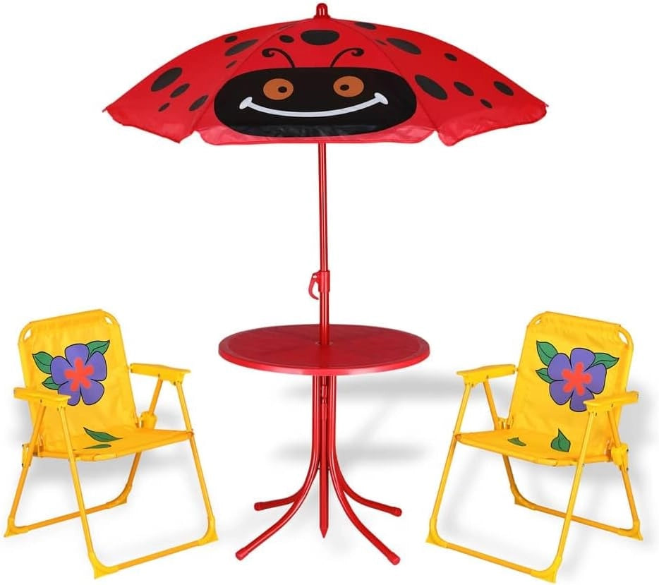 Set Mobili da Giardino per Bambini Tavolino 2 Seggioline Pieghevoli e Ombrellone Angoli arrotondati Fino 35kg Anti UV