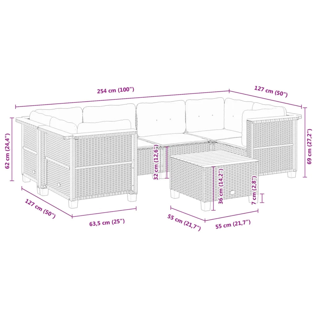 Set Divani da Giardino con Cuscini 7pz Nero Polyrattan