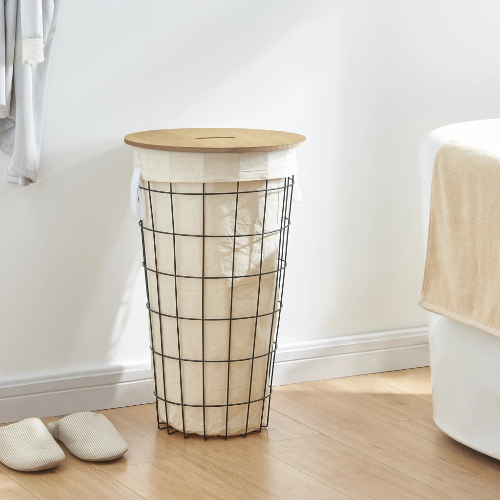 Cesto per Bucato 'Skive' Portabiancheria in Metallo con Coperchio in MDF e Sacco in Tessuto - Capienza 40 L [en.casa]