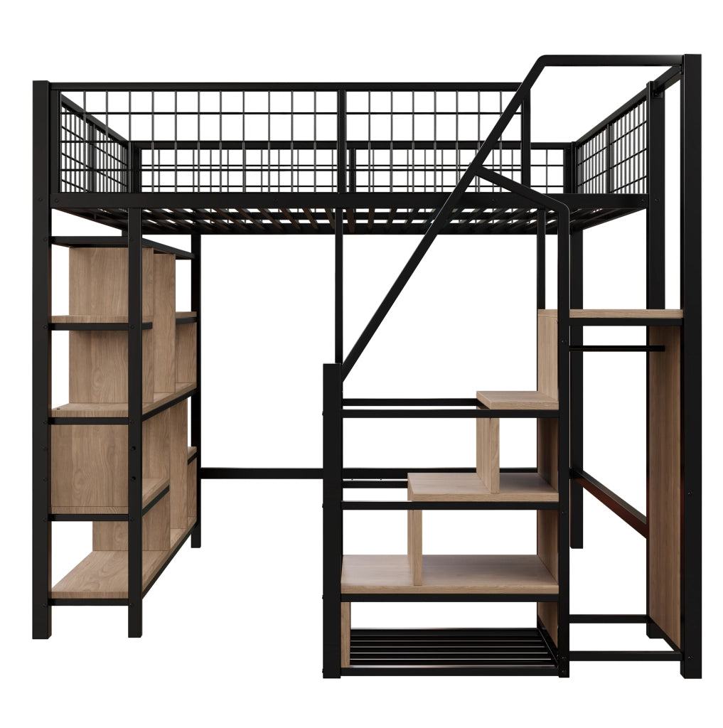 Letto a soppalco multifunzione 140x200 cm in metallo e legno; nero; con scala contenitore e spazio sottostante