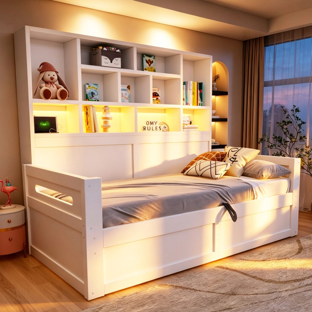Letto multifunzione 90x200 cm in MDF bianco con LED; prese; scomparti e 2 cassetti