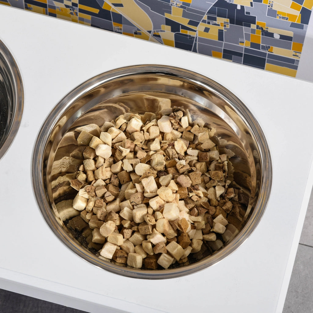 EasyComfort Ciotole Rialzate per Cani Taglia Piccola ed Extra Piccola, Supporto Portaciotole in MDF con 2 Ciotole in Acciaio Inox per Cibo e Acqua, Bianco