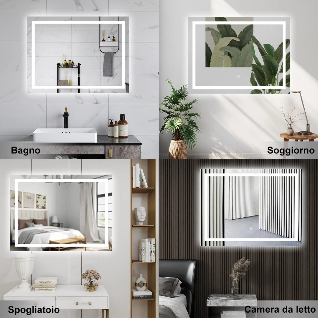 AICA Specchio da bagno  80 x 60 cm, dimmerabile, interruttore touch, Funzione Memoria, antiappannamento