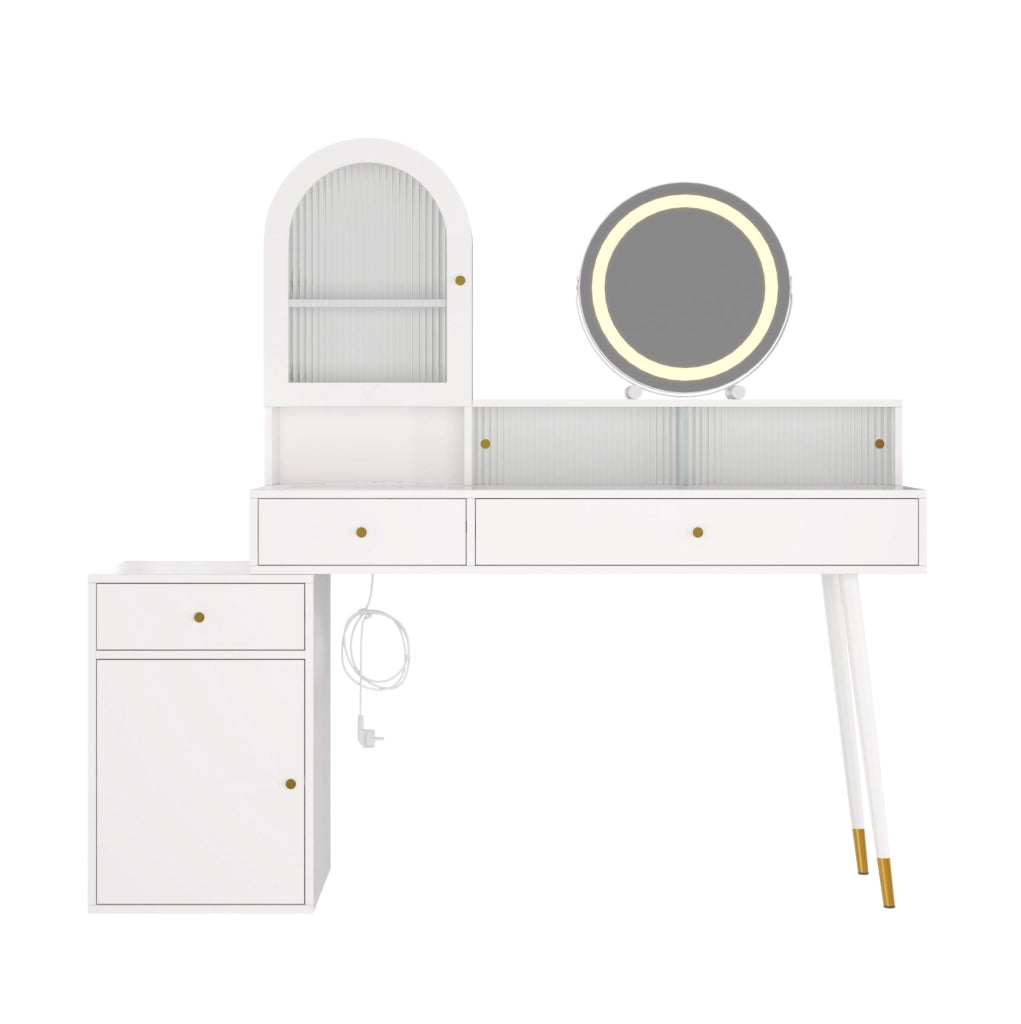Toeletta con specchio LED; USB Type-C e 2 prese; 3 cassetti; 140x40x140 cm; bianco