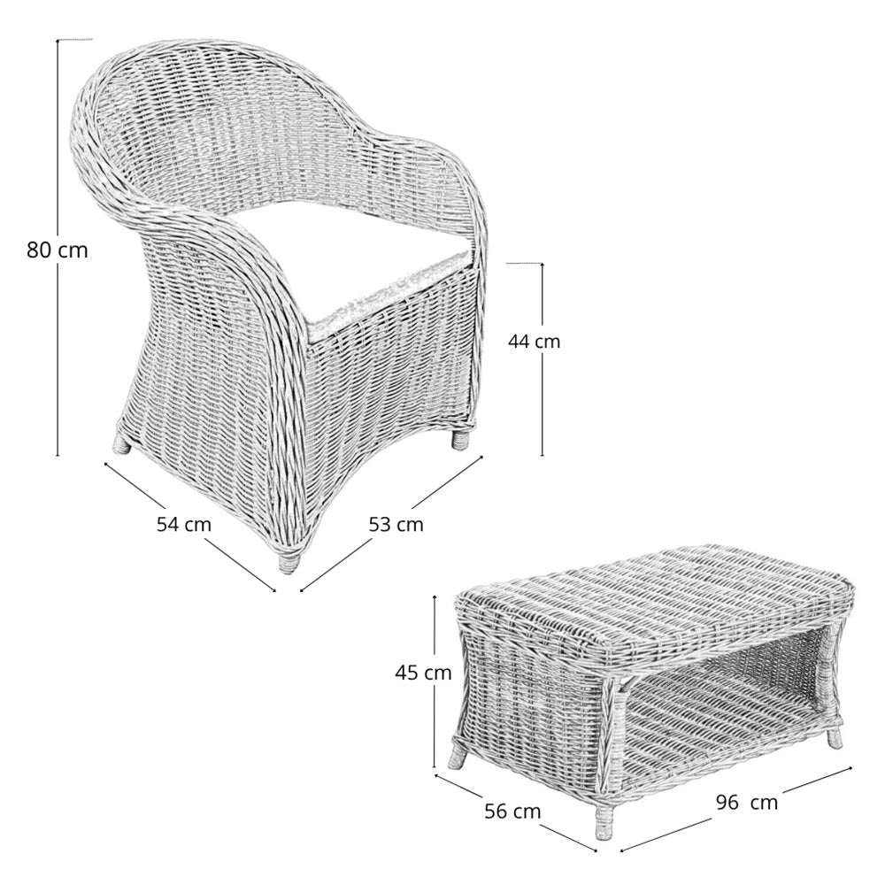 Salotto Roma da 1 divanetto 2 poltrone 1 tavolino in rattan intrecciato bianco