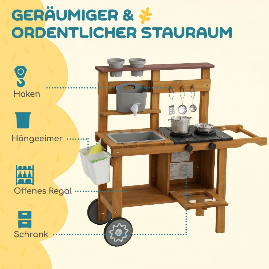 Cucina Giocattolo Esterna per Bambini ¨C zephmum ¨C Legno, Marrone con Rubinetto e Ruote