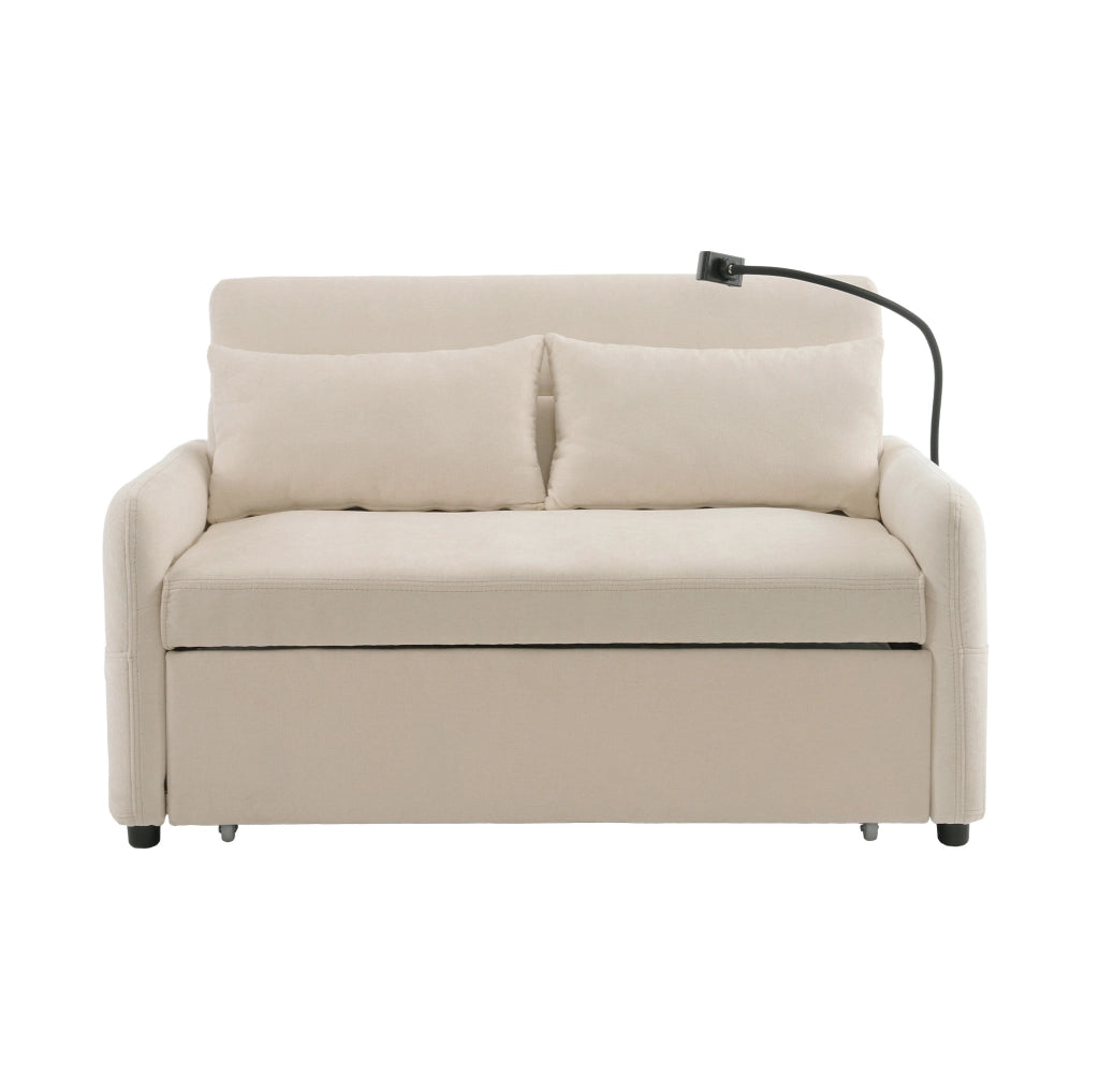 Divano letto 2 posti estraibile in ciniglia beige con USB