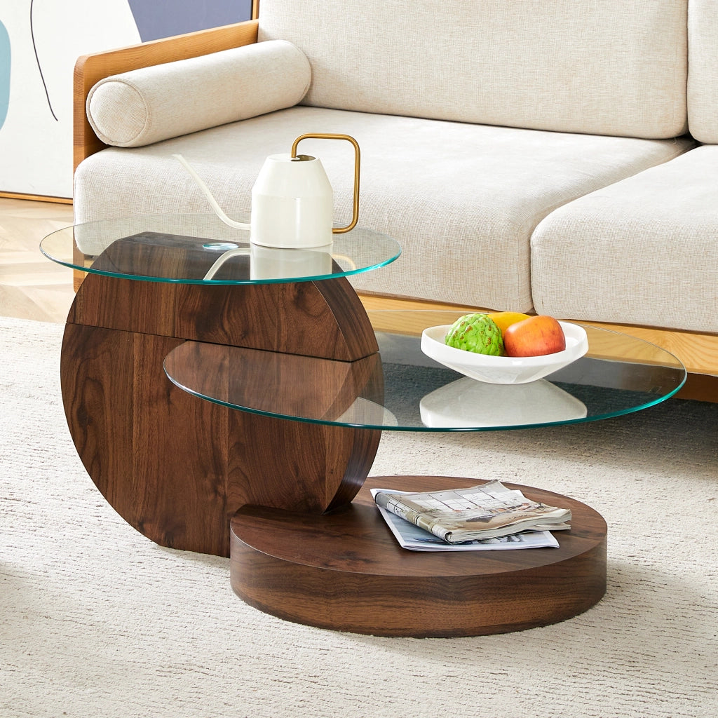 Tavolino da caffè a doppio ripiano con piano in vetro - per soggiorno - in MDF e vetro - 78.5×78.5×24.5 cm - trasparente e noce