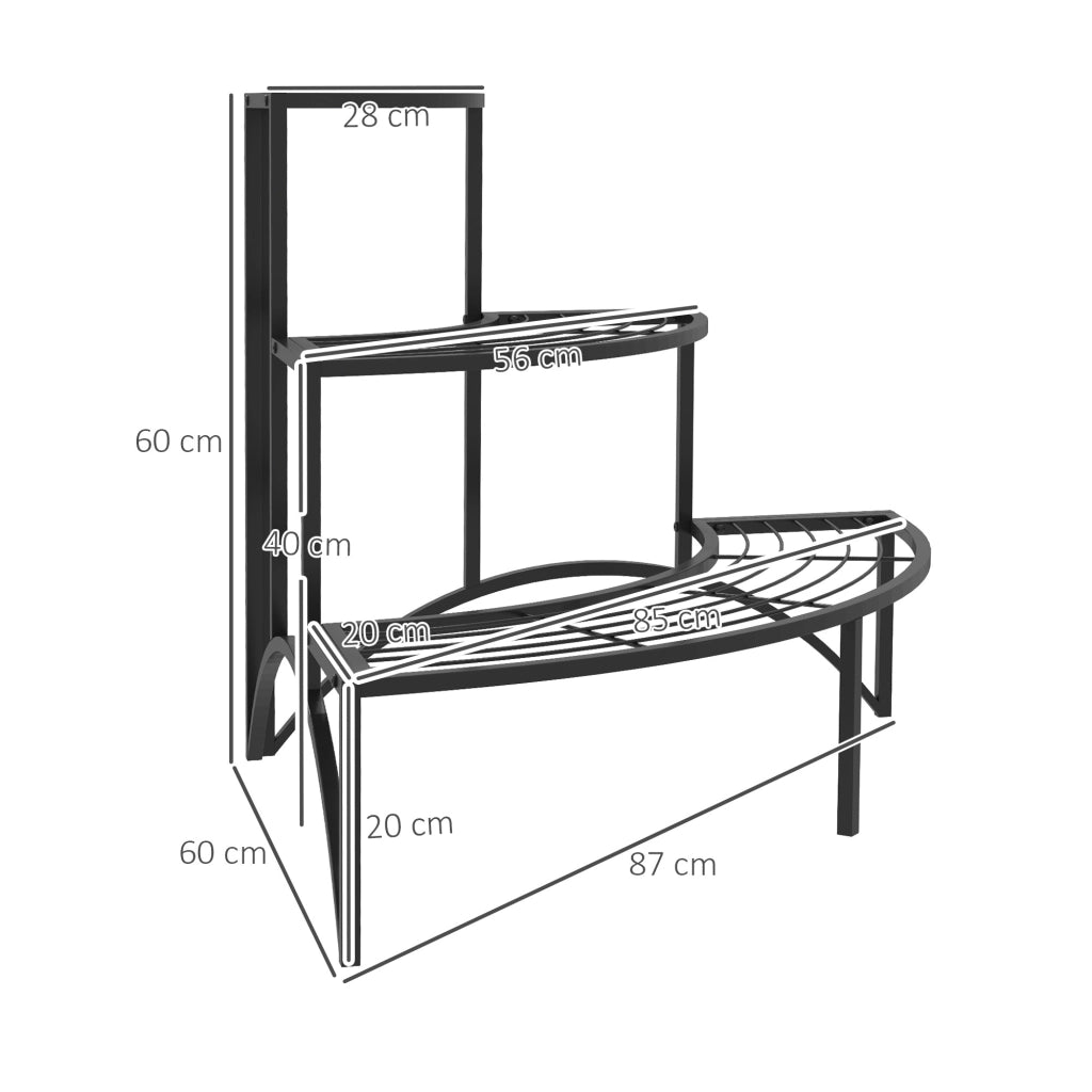Portapiante angolare a 3 livelli in metallo nero, 87 x 60 x 60 cm, per interno ed esterno