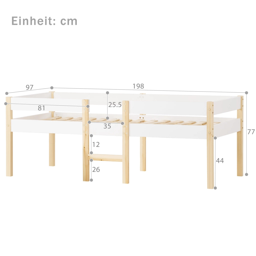 Letto per bambini bianco e rovere con protezione anticasco in legno massello di pino 90x190 cm
