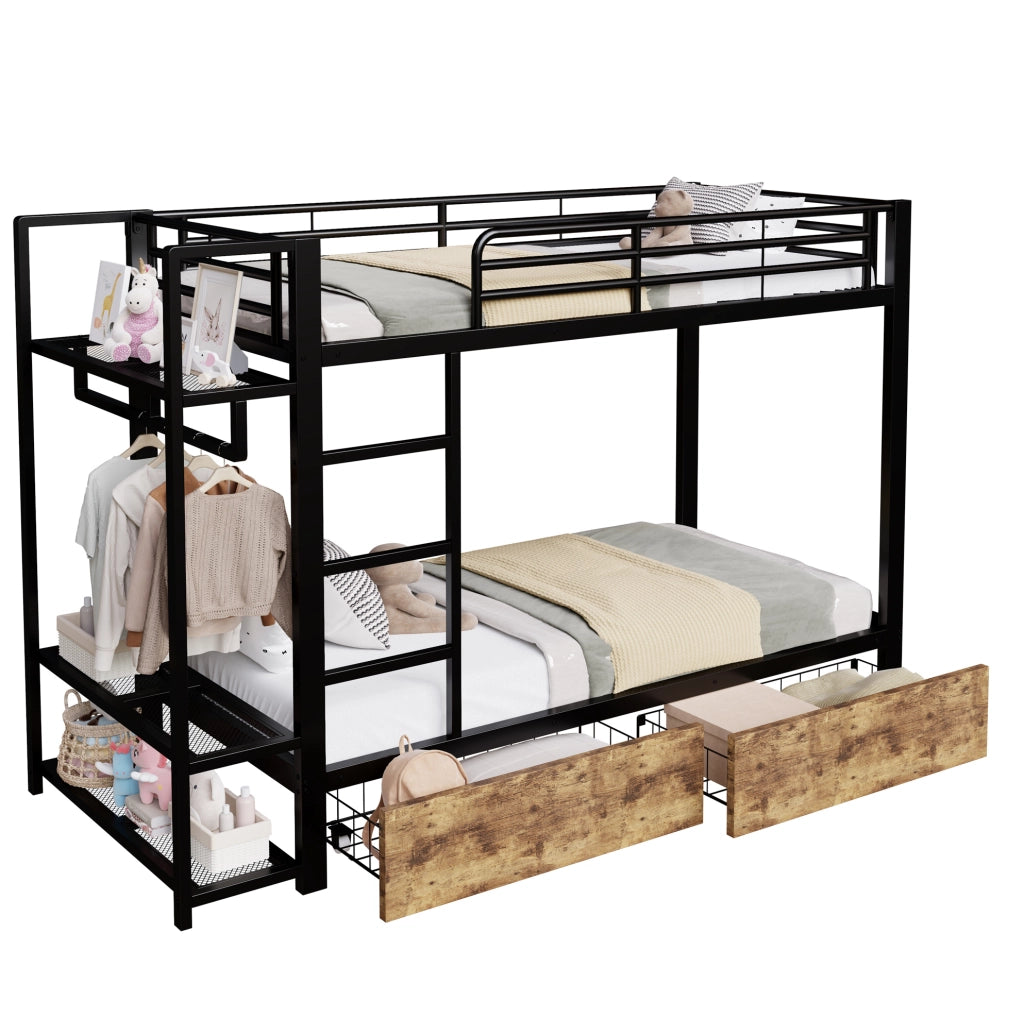 Letto a castello 90 x 200 cm in metallo nero con LED, cassetti, ripiani e stendibiancheria