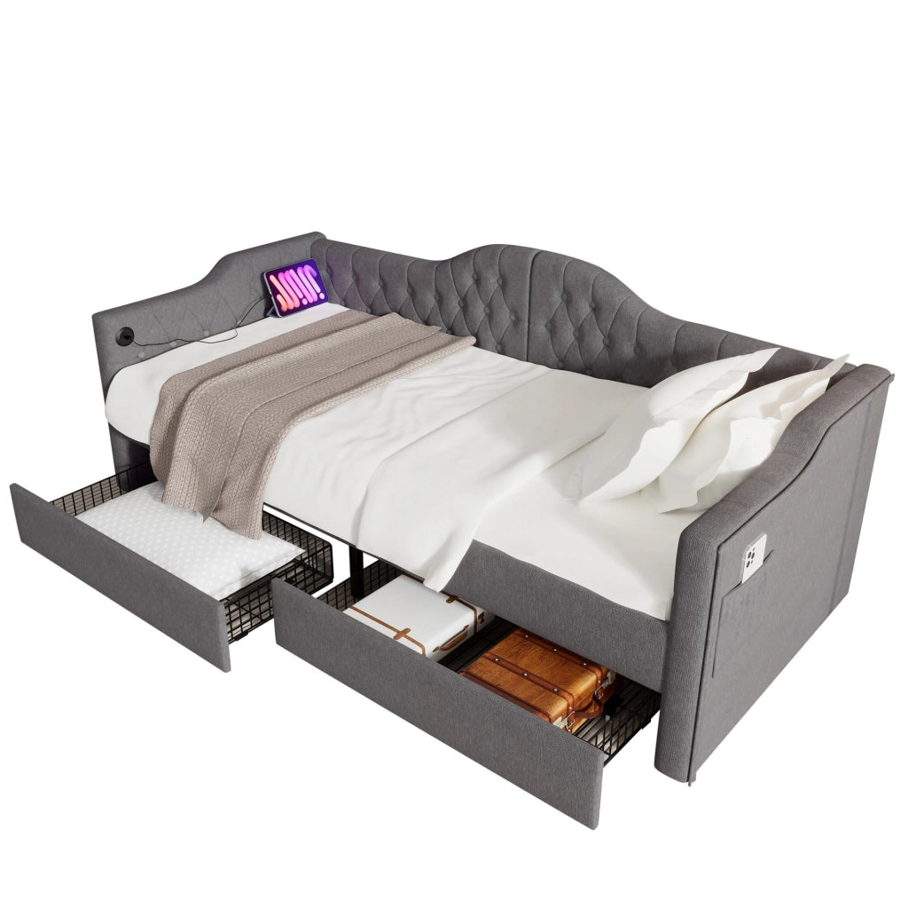 Letto singolo 90x190 cm con USB C e 2 cassetti; tessuto grigio