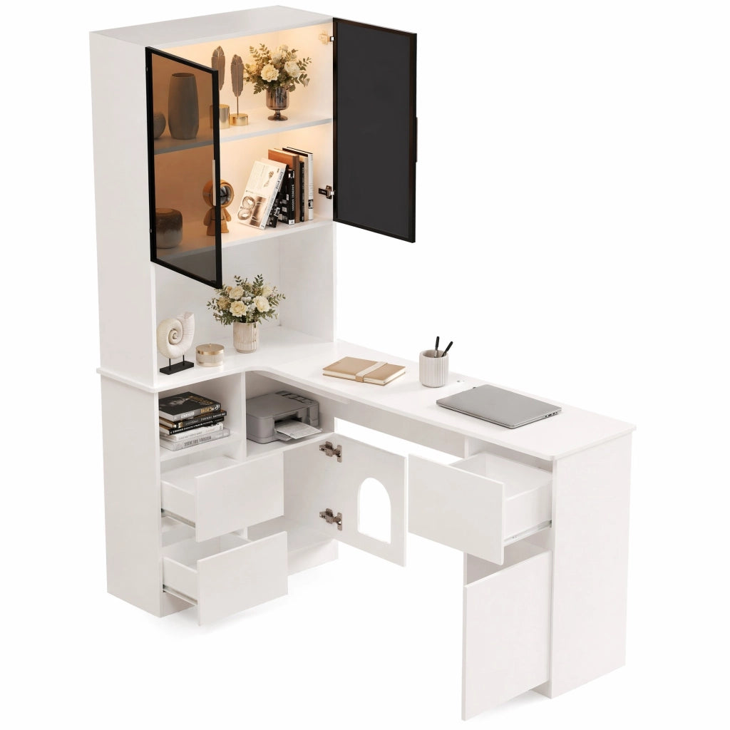 Scrivania angolare 120x80x180 cm con libreria e vetrina LED; bianco in MDF