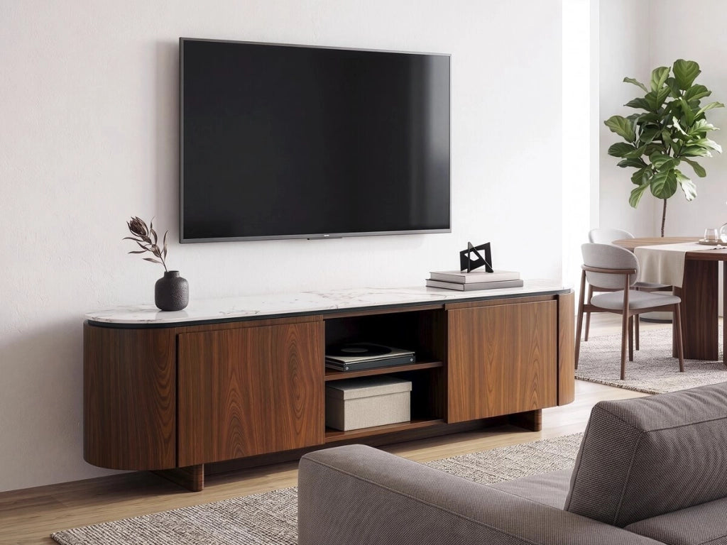 Porta TV in legno "Stonea" con piano in ceramica - 200 x 40 x 55 cm - Marrone