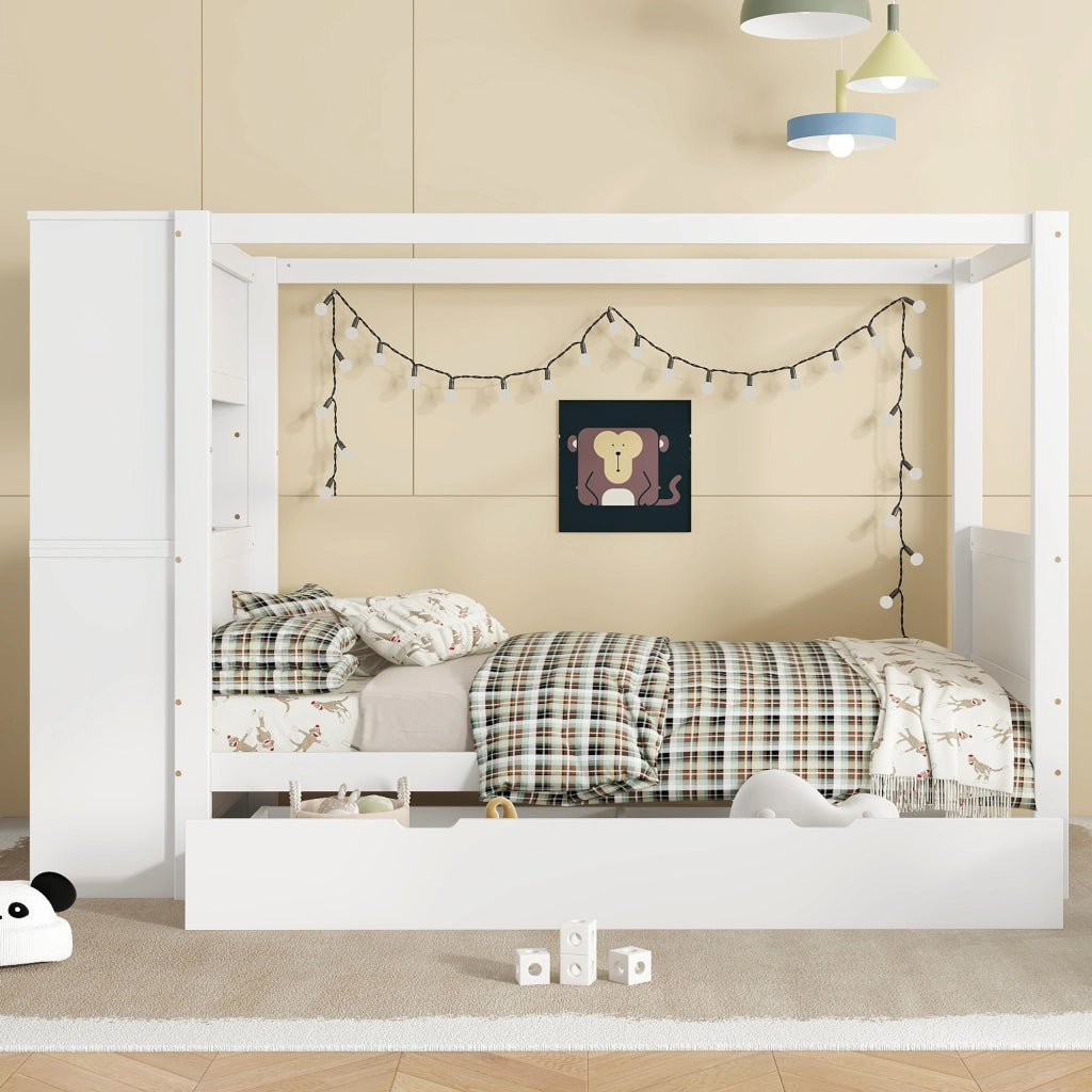 Letto singolo bianco con funzione contenitore in legno massello e mdf 90x200 cm