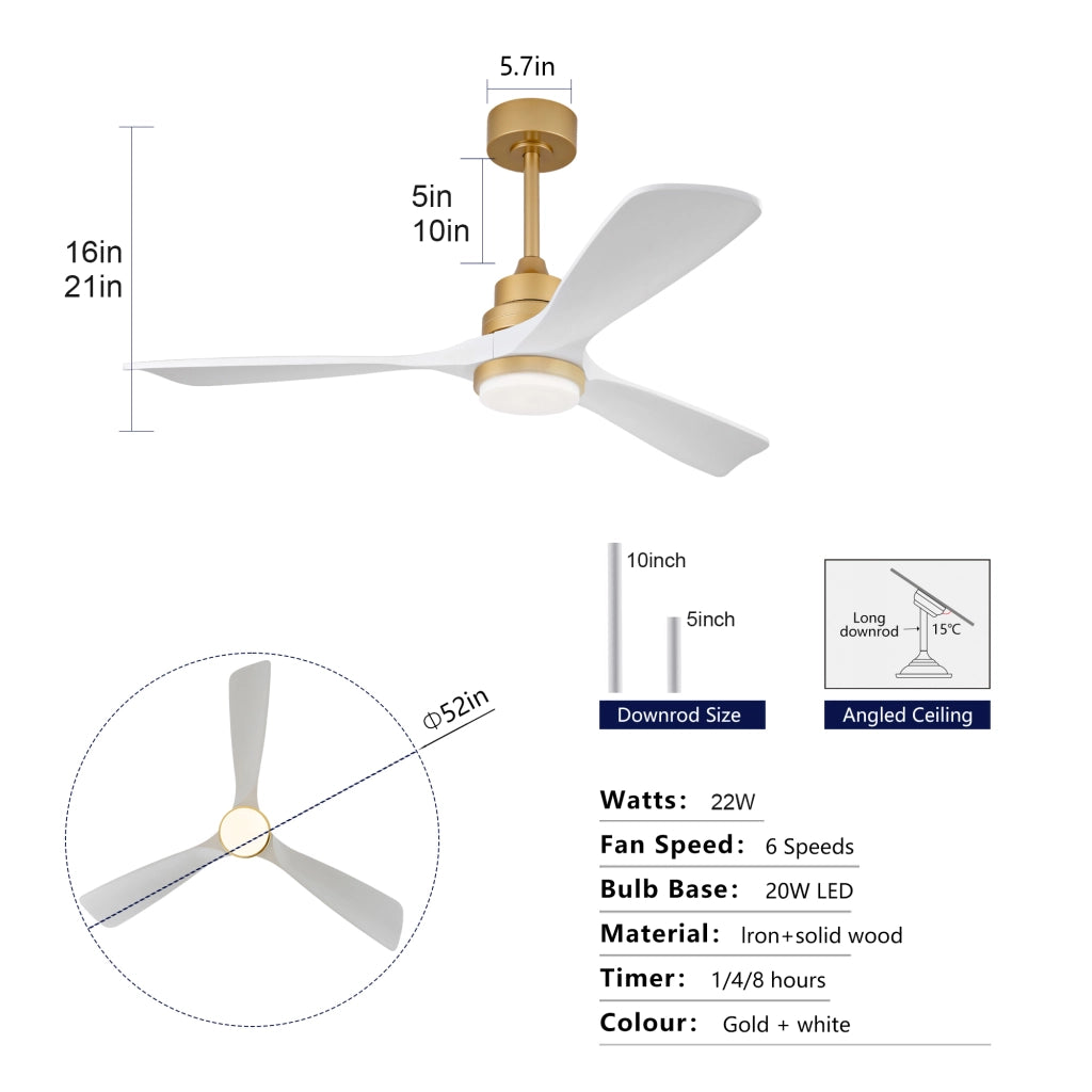 Ventilatore da soffitto da 52 pollici con luce dimmerabile; telecomando e pale in legno massello