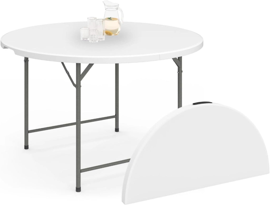 IDMarket - Tavolo rotondo pieghevole portatile da 122 cm per il campeggio o il divertimento con copertura bianca