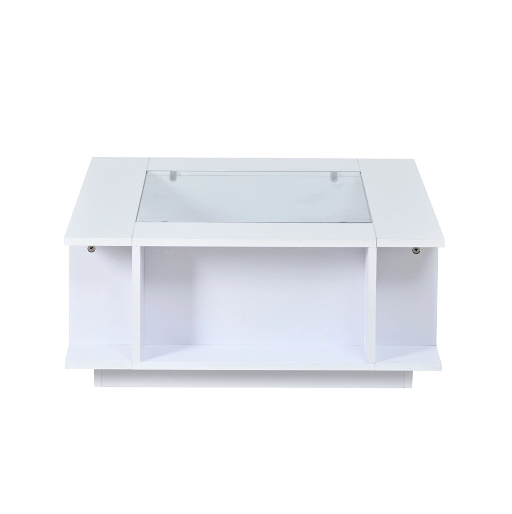 Tavolino da salotto quadrato 70x70x30 cm bianco lucido con piano in vetro e LED