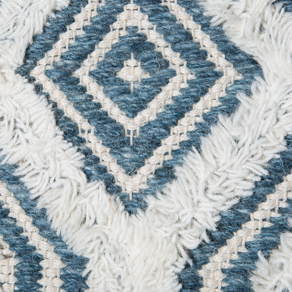 Poggiapiedi Bianco con Lana Blu e Cotone con Gambe in Legno Motivo Orientale Rustico