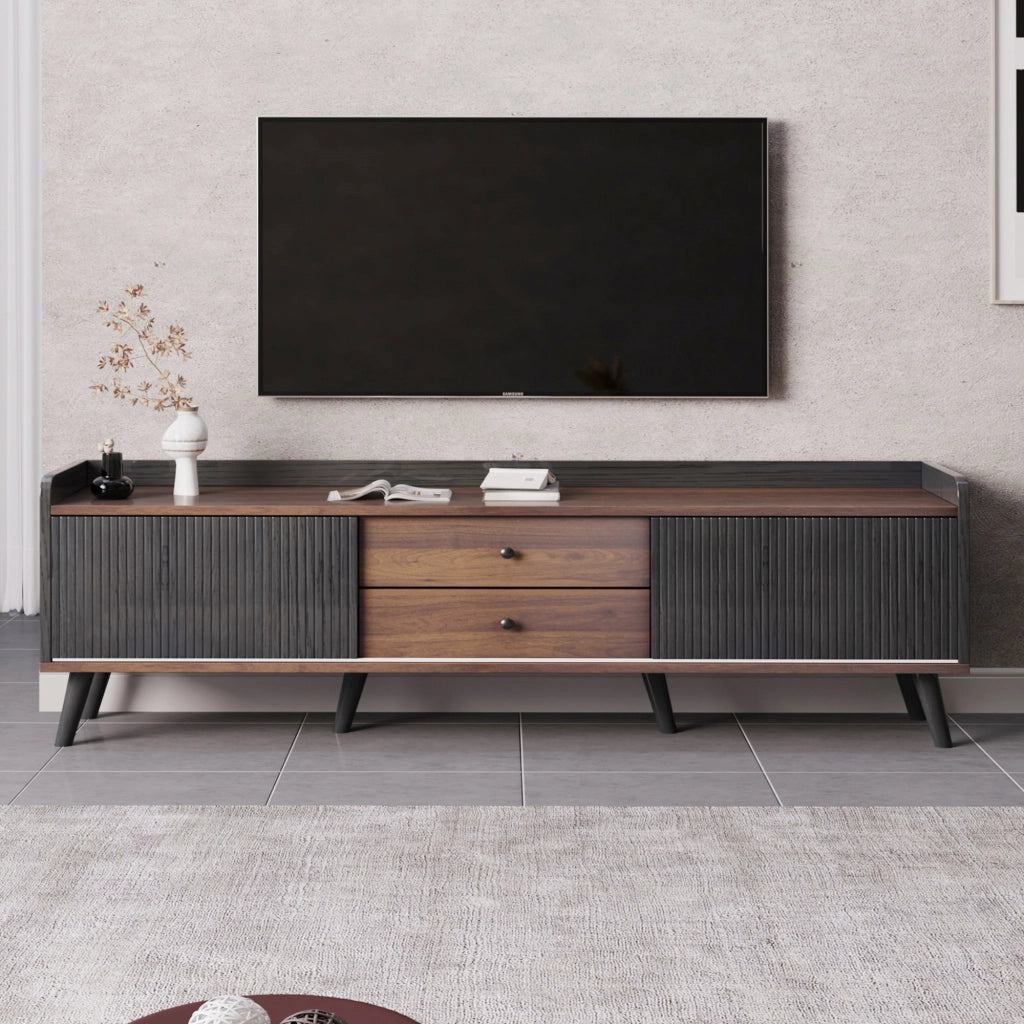 Mobile porta TV con due cassetti e due ante scorrevoli in truciolare nero e legno 160 × 40 × 58 cm