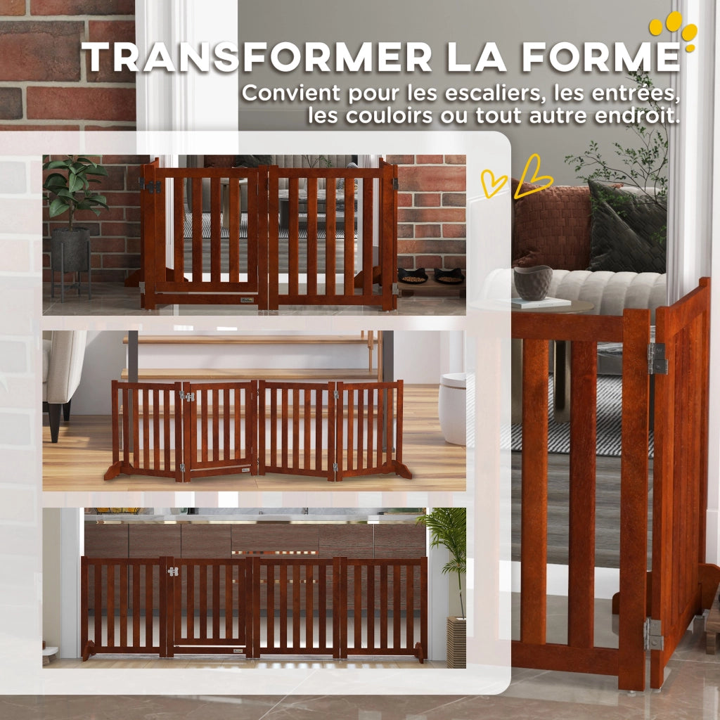 Barriera per Cani Pieghevole 4 Pannelli con Porta ¨C zephmum ¨C Legno 205x60 cm Marrone